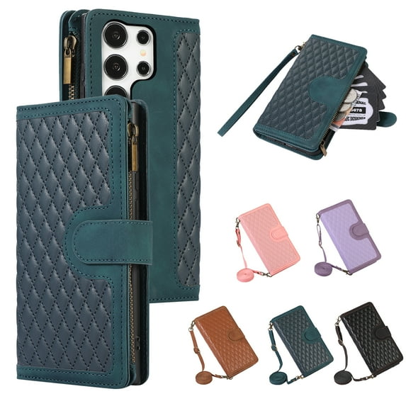 Allytech Samsung Galaxy S24 Ultra Wallet Case, Luxury PU Leather Stand Magnetic Clasp Cover with Wristlet & Shoulder Strap & Card Slots, Zipper Pocket Shockproof Anti-Fall Protective Case, Green