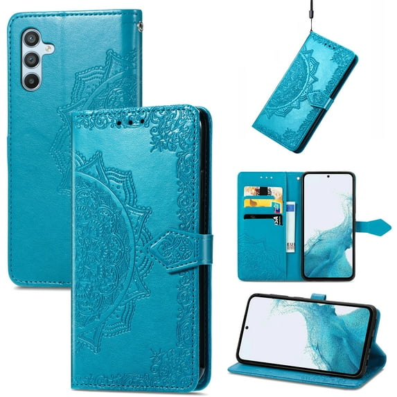 Allytech for Samsung Galaxy S24 Wallet Case, Luxury PU Leather with Embossed Pattern, Magnetic Clasp Kickstand Card Cash Slots Shockproof Slim Flip Case with Hand Strap for Women Men - Blue