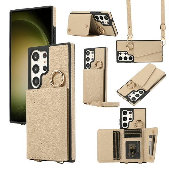 Allytech Samsung Galaxy S24 Wallet Case with Shoulder Strap, [Anti-Fall Strip] [Lens Protection] [Makeup Mirror] Lychee Texture PU Leather Stand Card Slots Metal Buckle Protective Case, Khaki