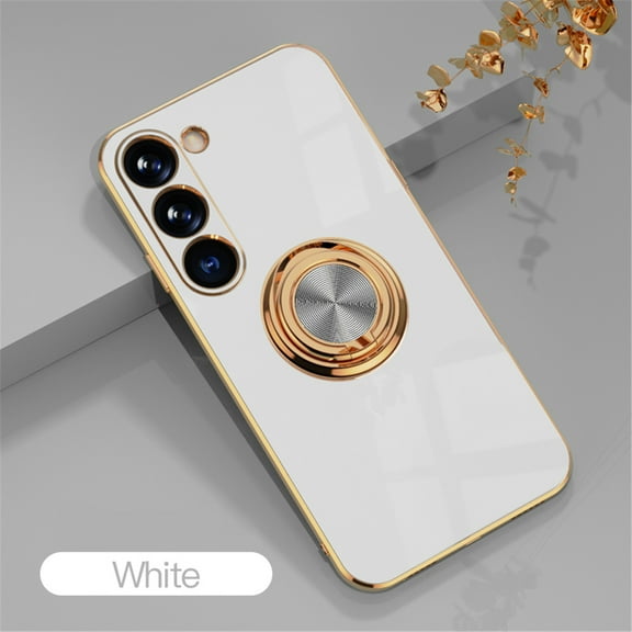 Allytech for Samsung Galaxy S25 Phone Case, Ring Holder Electroplated Plating Silicone Edge 360 Rotation Kickstand Slim Soft Flexible TPU Protective Case Cover for Galaxy S25 Ultra, White