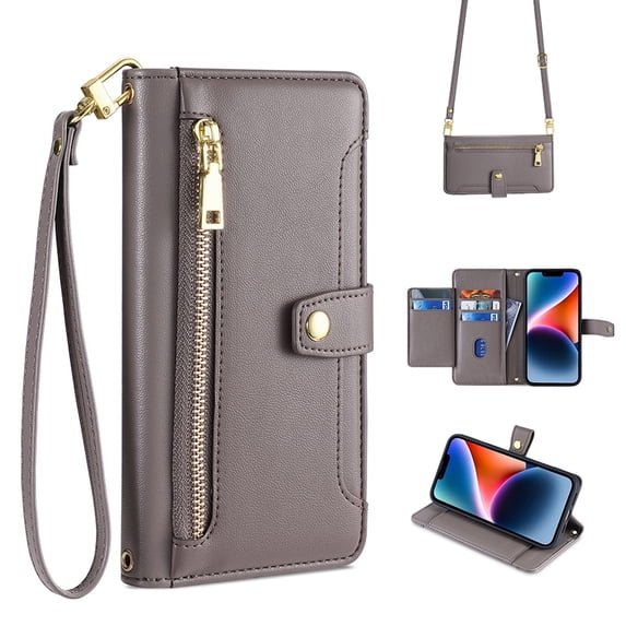 Allytech for Samsung Galaxy S25 Ultra Wallet Case Cover, Large Space Cards Slots Zipper Pocket Shoulder Strap Kickstand Shockproof Wallet Phone Case for Samsung Galaxy S25 Ultra - Gray