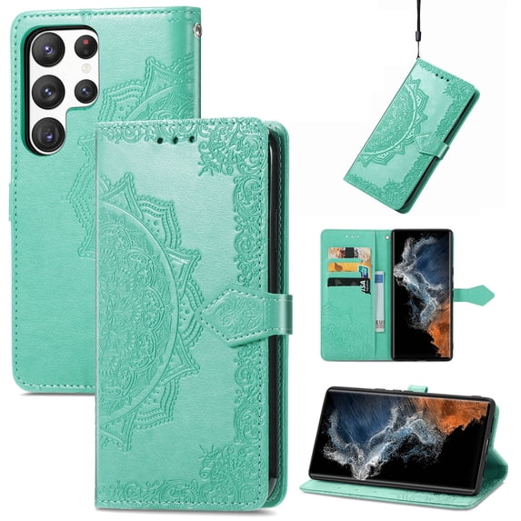 Allytech for Samsung Galaxy S25 Ultra Wallet Case, Luxury PU Leather with Embossed Pattern, Magnetic Clasp Kickstand Card Cash Slots Shockproof Slim Flip Case with Hand Strap for Women Men - Green