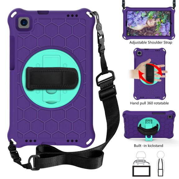 Allytech Samsung Galaxy Tab A 8.0 2019 Released SM-T290 T295, Heavy Duty Protection Adjustable Shoulder Strap Kickstand EVA Rubber Kids Friendly Cover for Galaxy Tab A 8.0 2019, Purple/Aqua