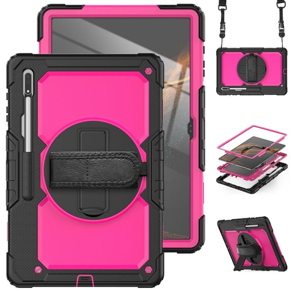Allytech Samsung Galaxy Tab S8 Ultra Case 14.6" with Screen Protector, Detachable Shoulder Strap Rotating Kickstand Rugged Military Shockproof Full Body Protection Build-in Pen Holder - Rose