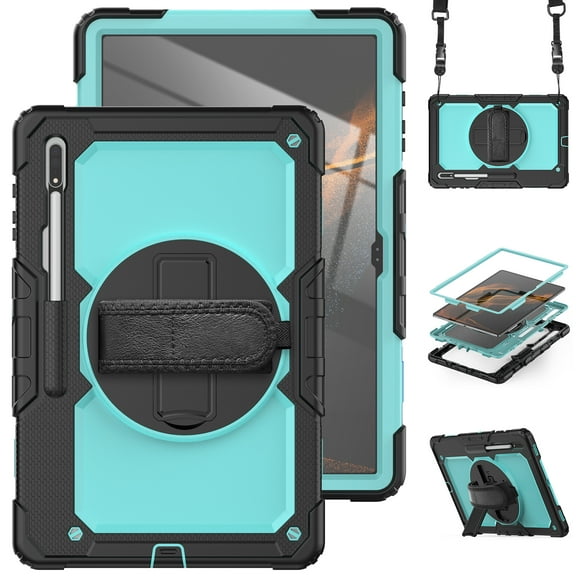 Allytech Samsung Galaxy Tab S8 Ultra Case 14.6" with Screen Protector, Detachable Shoulder Strap Rotating Kickstand Rugged Military Shockproof Full Body Protection Build-in Pen Holder - Skyblue