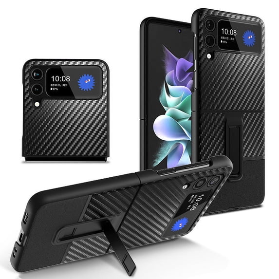 Allytech for Samsung Galaxy Z Flip 3 5G Case with Built-in Magnetic Kickstand, Luxury Carbon Fiber Texture Hard PC Bumper Shockproof Protective Case for Galaxy Z Flip3 2021, Black