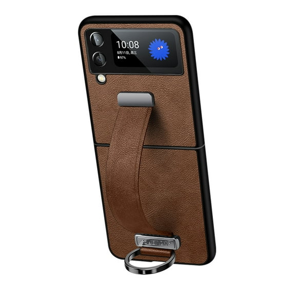 Allytech for Samsung Galaxy Z Flip 4 5G Case Wristband Metal Ring, Ultra Slim Shockproof Back PU Leather Bracket Protective Stand Cover for Samsung Z Flip 4 2022, Brown
