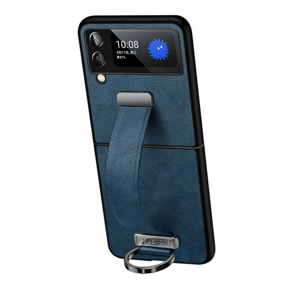 Allytech for Samsung Galaxy Z Flip 4 5G Case Wristband Metal Ring, Ultra Slim Shockproof Back PU Leather Bracket Protective Stand Cover for Samsung Z Flip 4 2022, Darkblue