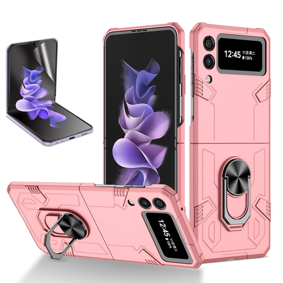 Allytech for Samsung Galaxy Z Flip 4 Case with Screen Protector, Kickstand Magnetic Ring Holder Rugged Anti-Slip Shockproof Case for Samsung Z Flip4 5G 2022, Pink