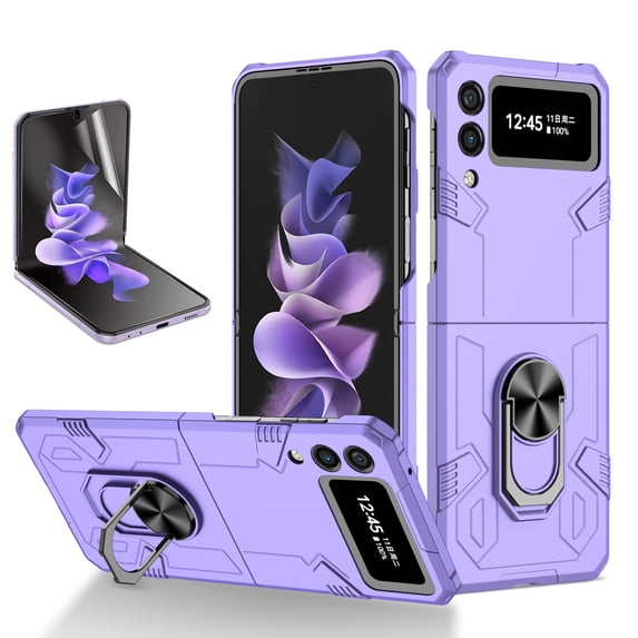 Allytech for Samsung Galaxy Z Flip 4 Case with Screen Protector, Kickstand Magnetic Ring Holder Rugged Anti-Slip Shockproof Case for Samsung Z Flip4 5G 2022, Purple