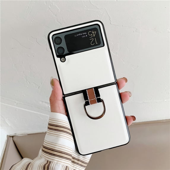 Allytech for Samsung Galaxy Z Flip3 5G 6.7 Inch Durable Finger Clip Case, Simple Style Ultra Thin Scratch Shock Resistant PU Leather Case for Samsung Galaxy Z Flip3 5G, White