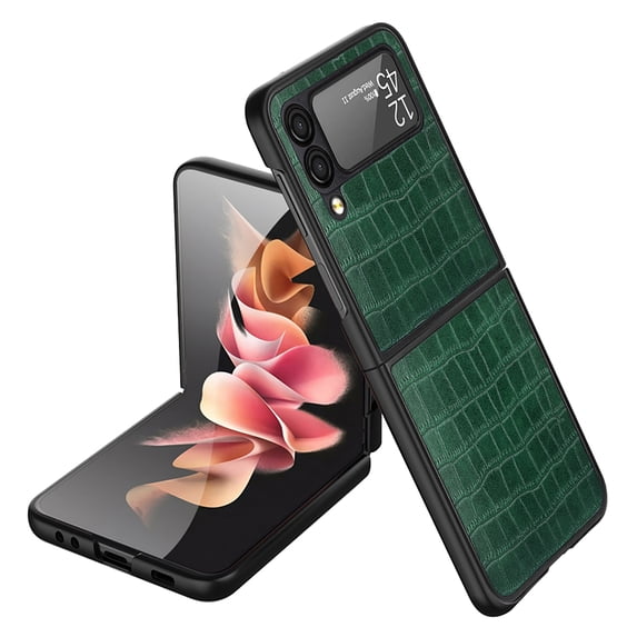 Allytech for Samsung Galaxy Z Flip4 5G 2022 Phone Case,Crocodile Pattern PU Leather Ultra Thin Folding Solid PC Hard Anti-scratch Protective Cover,Green