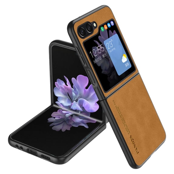 Allytech Samsung Galaxy Z Flip5 Case, Slim Lightweight Luxury PU Leather Skin-Friendly Case, Shockproof Dustproof Anti-Fingerprint Screen Lens Protection Cover for Samsung Galaxy Z Flip5 - Brown