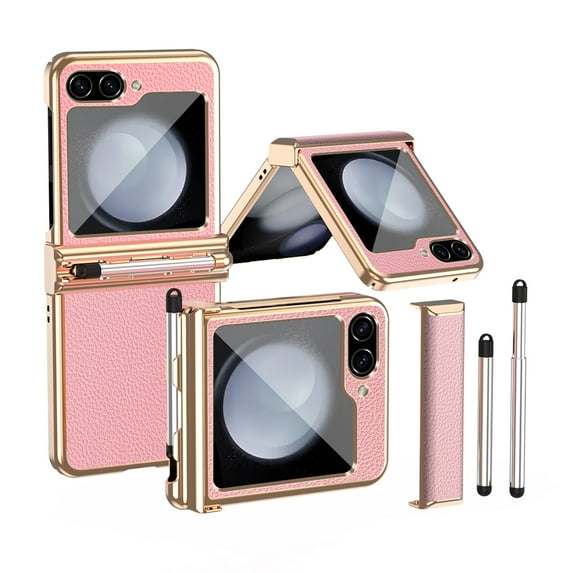 Allytech for Samsung Galaxy Z Flip5 Case,Z Flip 5 Cover, With Stylus Pen Hinge Protection Shockproof Anti-Scratch Phone Case for Samsung Galaxy Z Flip5 - Gold+Pink
