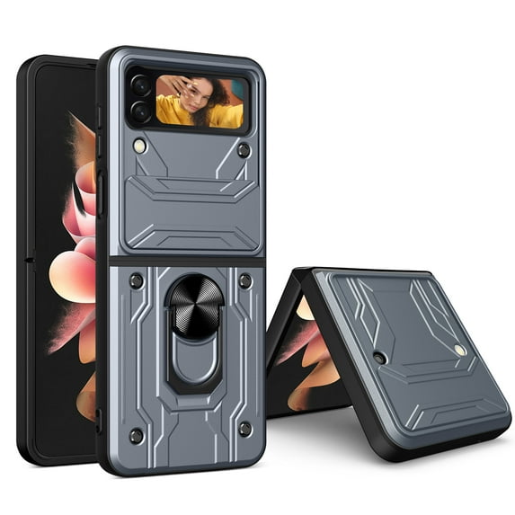 Allytech Samsung Galaxy Z Flip7 Rugged Case with Slide Camera Lens Cover, Ring Kickstand Detachable Card Holder Magnetic Car Mount Hybrid PC Shockproof Case for Samsung Galaxy Z Flip 7 - Gray