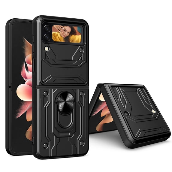 Allytech Samsung Galaxy Z Flip7 Rugged Case with Slide Camera Lens Cover, Ring Kickstand Detachable Card Holder Magnetic Car Mount Hybrid PC Shockproof Case for Samsung Galaxy Z Flip 7 - Black