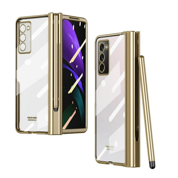 Allytech for Samsung Galaxy Z Fold 2 5G Case with S Pen Holder, Hard PC + Soft TPU Clear Crystal Transparent Shockproof Plating Cover Case with Tempered Film & Pen for Galaxy Z Fold 2 7.6", Gold