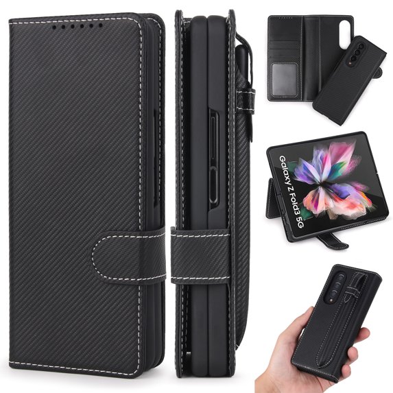 Allytech for Samsung Galaxy Z Fold 3 5G Case with S-Pen Pocket, Detachable 2 in 1 Magnetic Wallet Kickstand Bracket Premium PU Leather Card Slots Stylus Pen Holder Protective Folio Cover, Twill Black
