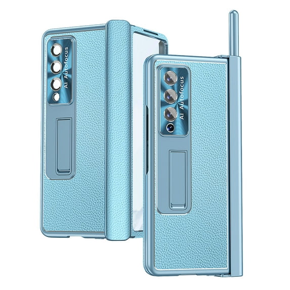 Allytech For Samsung Galaxy Z Fold 3 Case with S Pen Holder,Luxury Hinge Lychee Pattern PU Magnetic Kickstand Camera Len Protective w/ Built-in Tempered Glass Front Film Cover.Blue