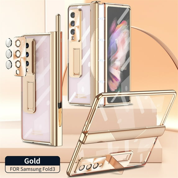 Allytech for Samsung Galaxy Z Fold 3 Case with S Pen & S Pen Holder & Screen Protector & Camera Lens Protector & Hinge Protection,Shockproof Rugged Full Body Protective Clear Plating Cover Case,Gold