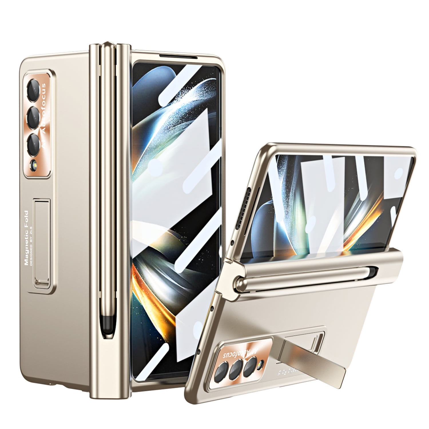 Allytech for Samsung Galaxy Z Fold 4 Case with S Pen Holder, [Come with S Pen Fold Edition] Drop Proof Kickstand All-inclusive Plating Folding Phone Case Cover for Samsung Z Fold 4 5G 2022, Gold