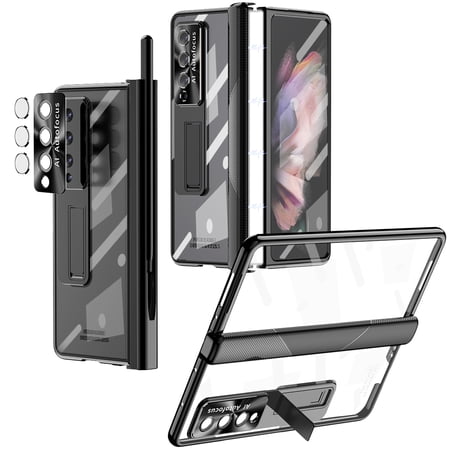 Allytech for Samsung Galaxy Z Fold 4 Case with S Pen & S Pen Holder & Screen Protector & Camera Lens Protector & Hinge Protection,Shockproof Rugged Full Body Protective Clear Plating Cover Case,Black