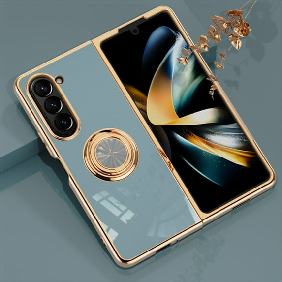 Allytech for Samsung Galaxy Z Fold 4 Phone Case, Ring Holder Electroplated Plating Silicone Edge 360 Rotation Kickstand Slim Soft Flexible TPU Protective Case Cover for Samsung Fold 4 5G, Gray