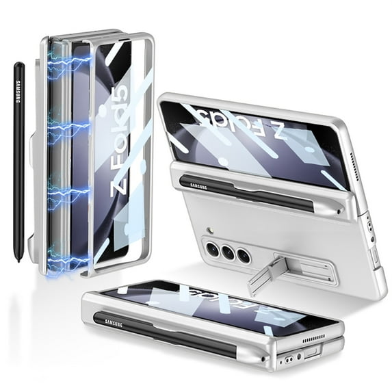 Allytech for Samsung Galaxy Z Fold 5 Case with S Pen Holder & Kickstand & Hinge Protection & Screen Protector, Magnetic Drop-Proof Shockproof All-Inclusive Cover for Samsung Fold5 5G, Silver