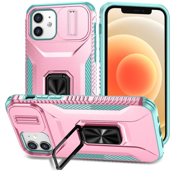 Allytech Shockproof Back Case for Apple iPhone 12/ iPhone 12 Pro, Military Grade Protective Stand Compatible with Car Mount Anti-slip Hybrid Rugged Bumper Phone Cover for Men Boys -Rosegold