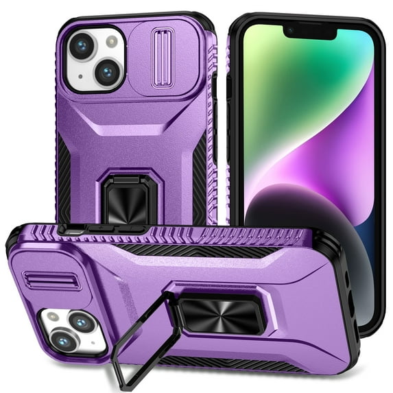 Allytech Shockproof Back Case for Apple iPhone 13, Military Grade Protective With Ring Holder Stand Compatible with Car Mount Anti-slip Hybrid Rugged Bumper Phone Cover for Men Boys -Purple