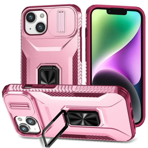 Allytech Shockproof Back Case for Apple iPhone 14 Plus, Military Grade Protective With Ring Holder Stand Compatible with Car Mount Anti-slip Hybrid Rugged Bumper Phone Cover for Men Boys -Pink