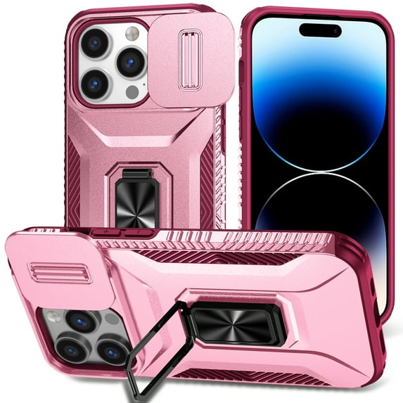 Allytech Shockproof Back Case for Apple iPhone 14 Pro Max, Military Grade Protective With Ring Holder Stand Compatible with Car Mount Anti-slip Hybrid Rugged Bumper Phone Cover for Men Boys -Pink