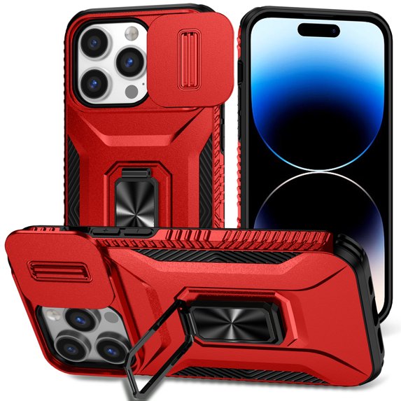 Allytech Shockproof Back Case for Apple iPhone 14 Pro, Military Grade Protective With Ring Holder Stand Compatible with Car Mount Anti-slip Hybrid Rugged Bumper Phone Cover for Men Boys -Red