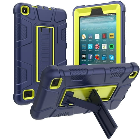 Allytech Shockproof Case for Amazon 7 Inch Tablet Fire 7 2019 9th Generation, Heavy Duty Protective Kickstand Rubber Kids Children Proof Cases Covers for All-New Amazon Kindle Fire 7, Darkblue/Green