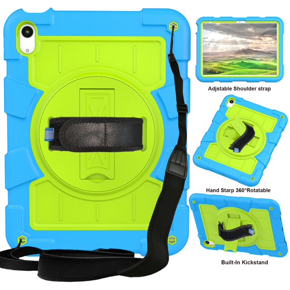 Allytech Shockproof Case for Apple iPad 10.9" 10th Generation, iPad 10 2022 Case, Rugged Shoulder Strap Rotating Stand Shoulder Strap Kids Friendly Bumper Heavy Duty Shockproof Case - Blue
