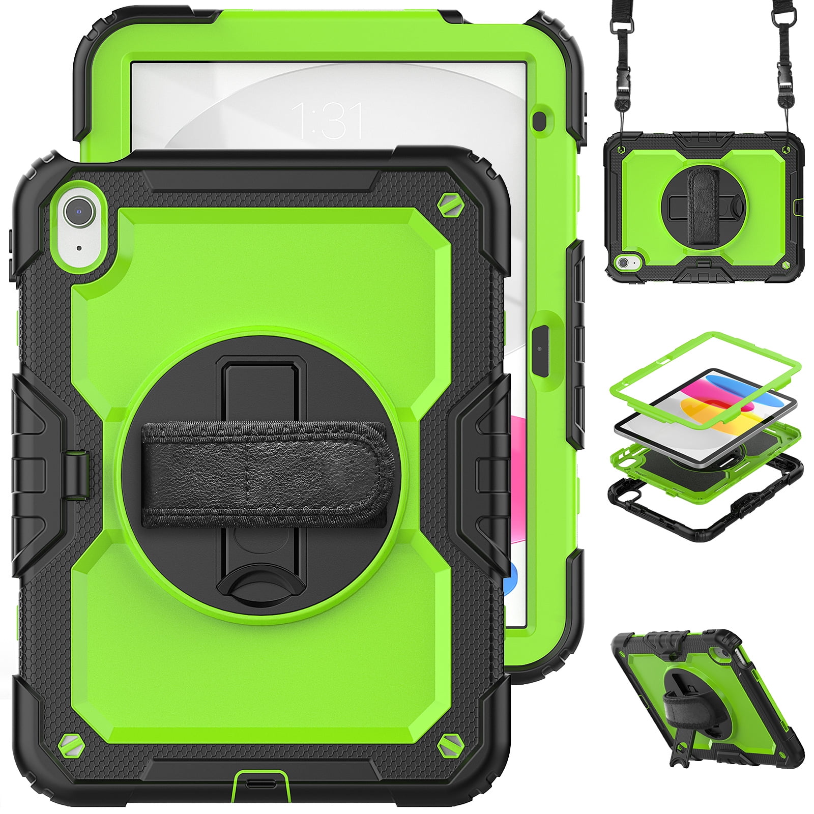 Allytech Shockproof Case for Apple iPad 11th 10th Gen 10.9 " with Build In Screen Protector, Rugged Rotating Stand Shoulder Strap Pencil Holder Bumper Kids Case for Apple iPad 10.9" 2025 2022