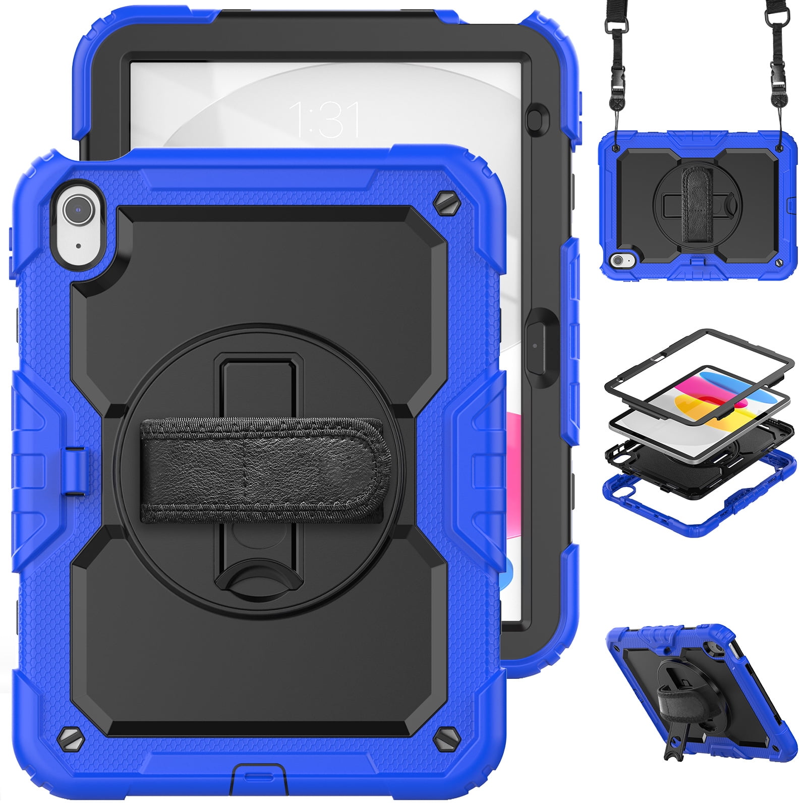Allytech Shockproof Case for Apple iPad 11th 10th Gen 10.9 " with Build In Screen Protector, Rugged Rotating Stand Shoulder Strap Pencil Holder Bumper Kids Case for Apple iPad 10.9" 2025 2022