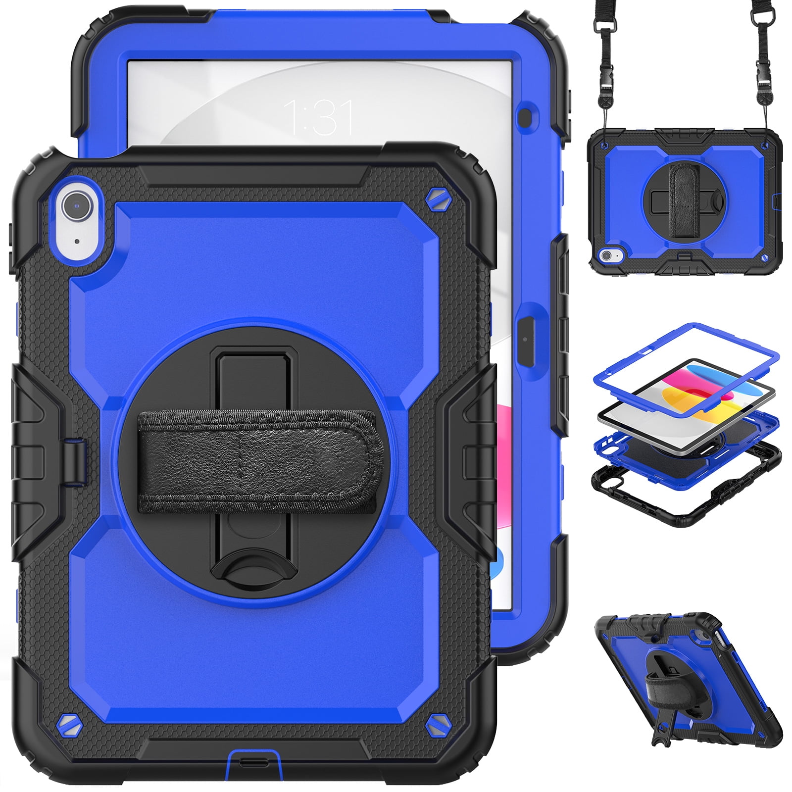 Allytech Shockproof Case for Apple iPad 11th 10th Gen 10.9 " with Build In Screen Protector, Rugged Rotating Stand Shoulder Strap Pencil Holder Bumper Kids Case for Apple iPad 10.9" 2025 2022
