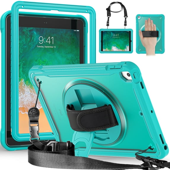 Allytech Shockproof Case for Apple iPad 6th 5th Gen, iPad 9.7" 2018/2017, 360 Rotating Stand Translucent Back Cover Shockproof Adjustable Shoulder Strap Kids Friendly with Pencil Holder - Blue