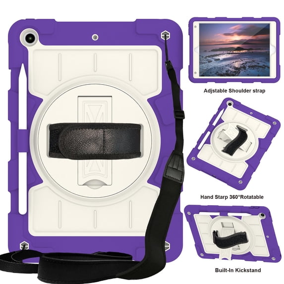 Allytech Shockproof Case for Apple iPad 9th 8th 7th Generation, iPad 10.2" 2021/2020/2019 Case, Rugged Shoulder Strap Rotating Stand Shoulder Strap Kids Friendly BumperCase - Purple