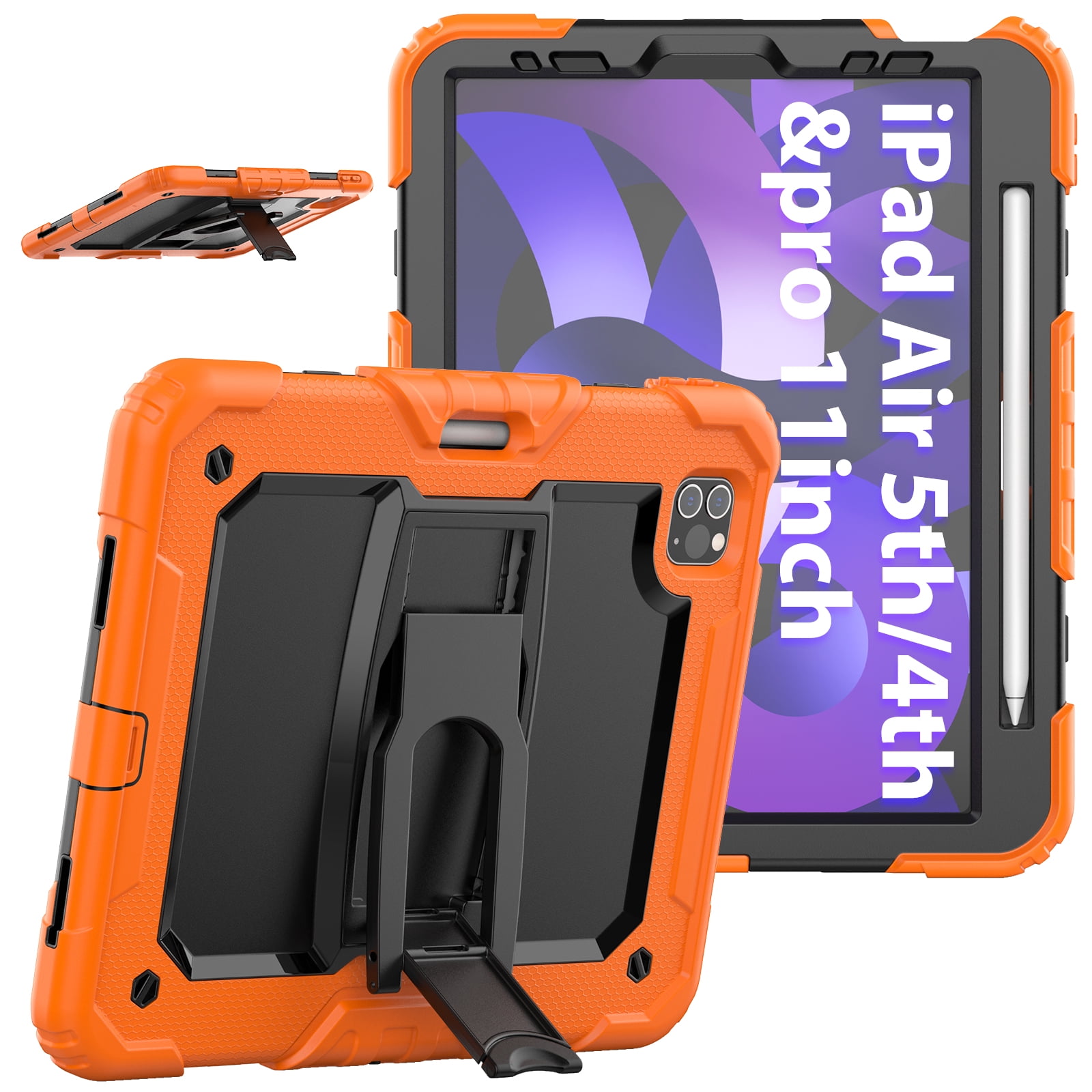 Allytech Shockproof Case for Apple iPad Pro 12.9 Inch 2022/2021/2020/2018(6th/5th/4th/3rd Gen) with Pencil Holder, Rugged Kickstand Shoulder Strap Kids Case with Screen Protector,Orange