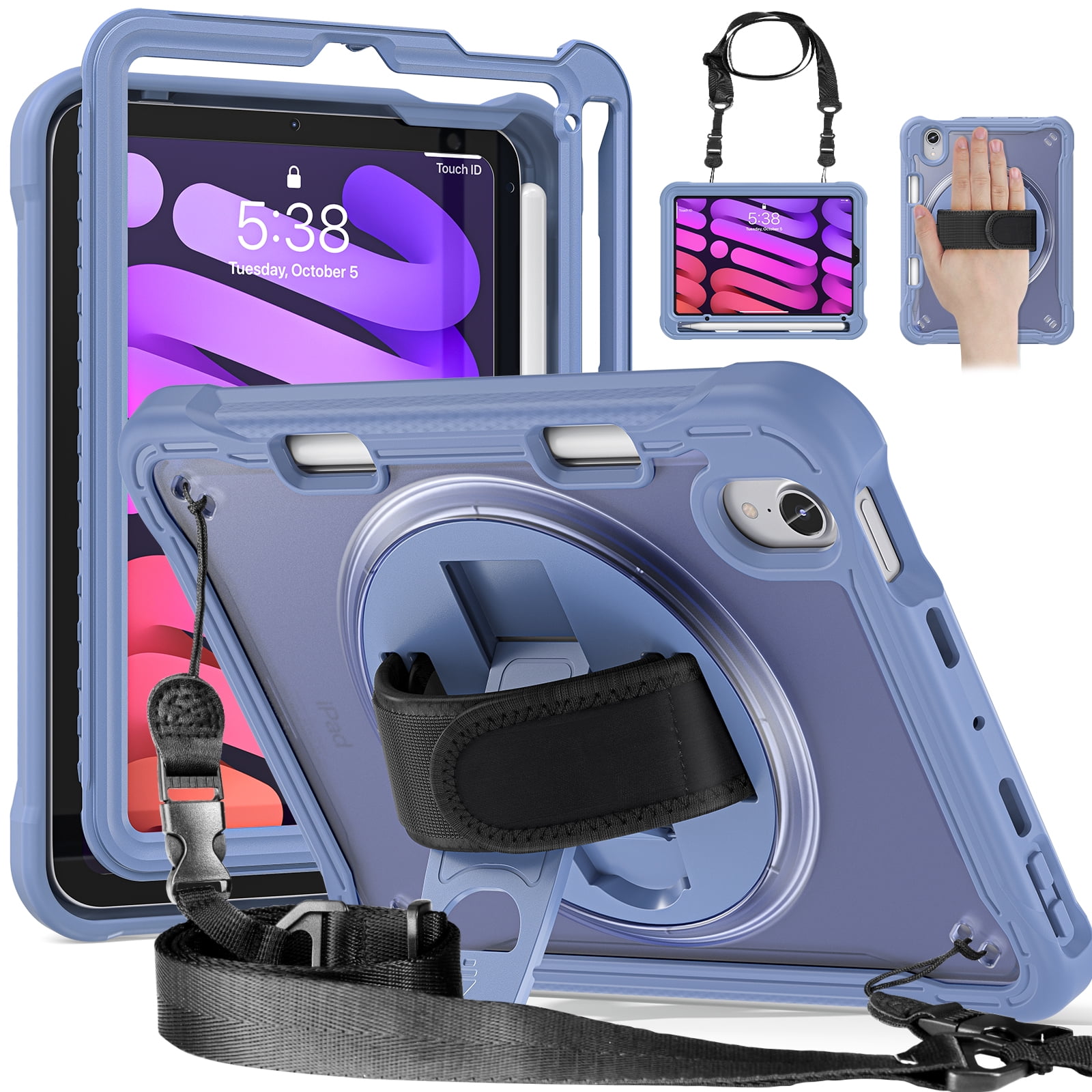 Shockproof Case for Apple iPad mini 6/7, iPad mini 6th 7th Gen Cover, 360 Rotating Stand Translucent Back Cover Shockproof Adjustable Shoulder Strap Kids Friendly with Pencil Holder, Grey