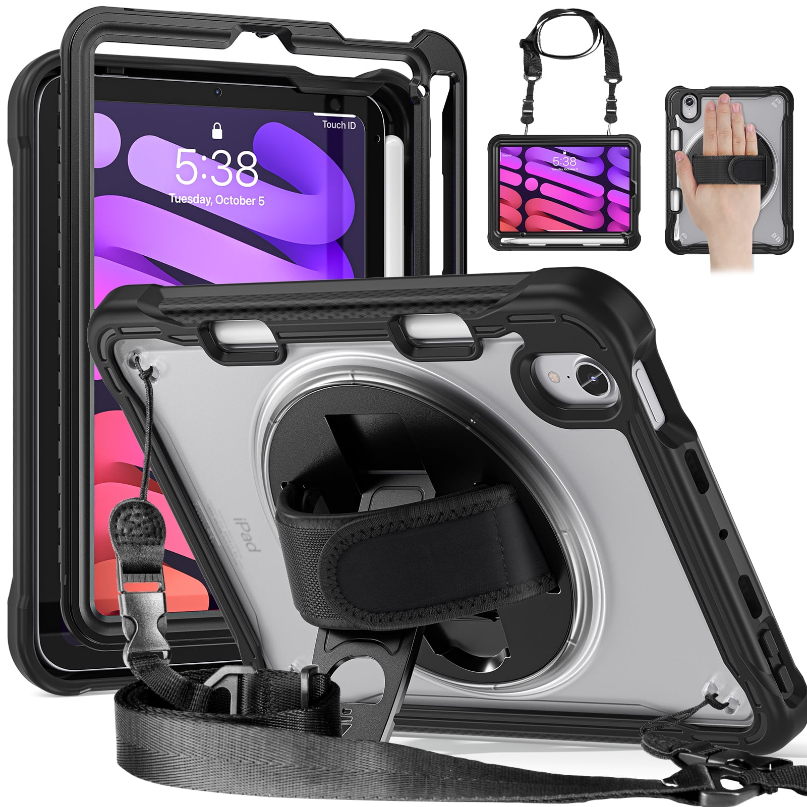 Shockproof Case for Apple iPad mini 6/7, iPad mini 6th 7th Gen Cover, 360 Rotating Stand Translucent Back Cover Shockproof Adjustable Shoulder Strap Kids Friendly with Pencil Holder, Black
