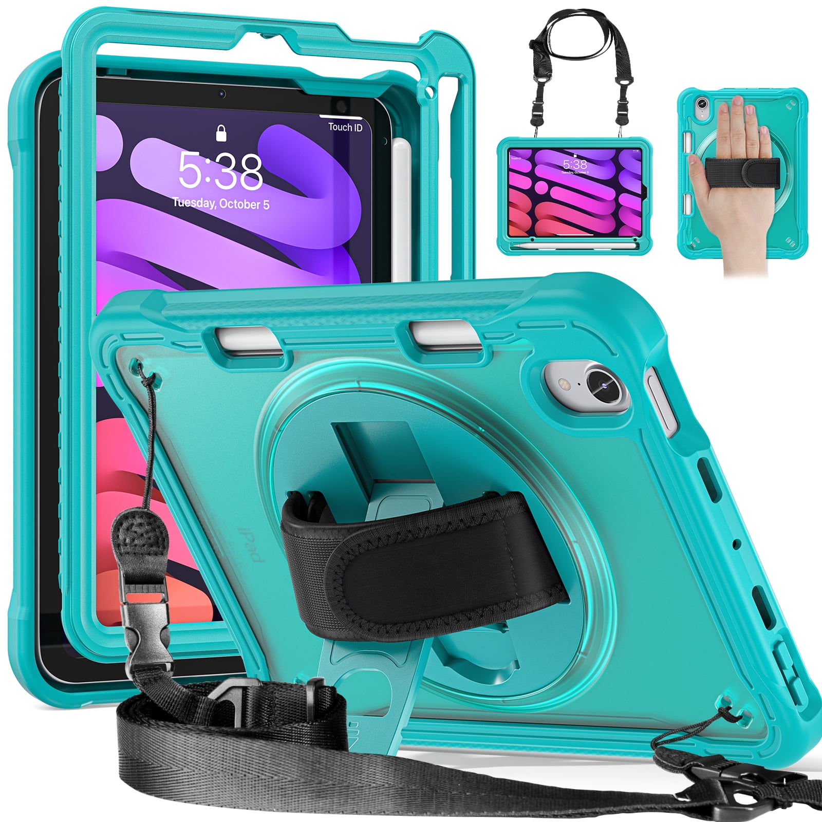 Shockproof Case for Apple iPad mini 6/7, iPad mini 6th 7th Gen Cover, 360 Rotating Stand Translucent Back Cover Shockproof Adjustable Shoulder Strap Kids Friendly with Pencil Holder, Blue