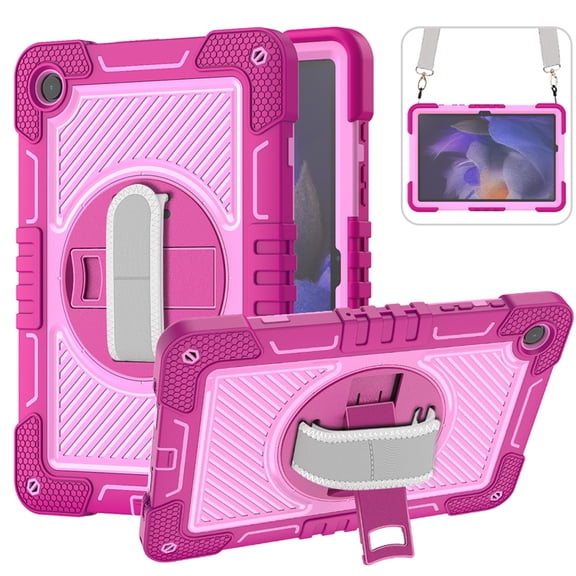Allytech Shockproof Case for Galaxy Tab A9+ 11 Case 2023 SM-X210 X215, Heavy Duty Protective Rugged Rotating Stand Shoulder Strap Kids Friendly Case - Rose + Pink