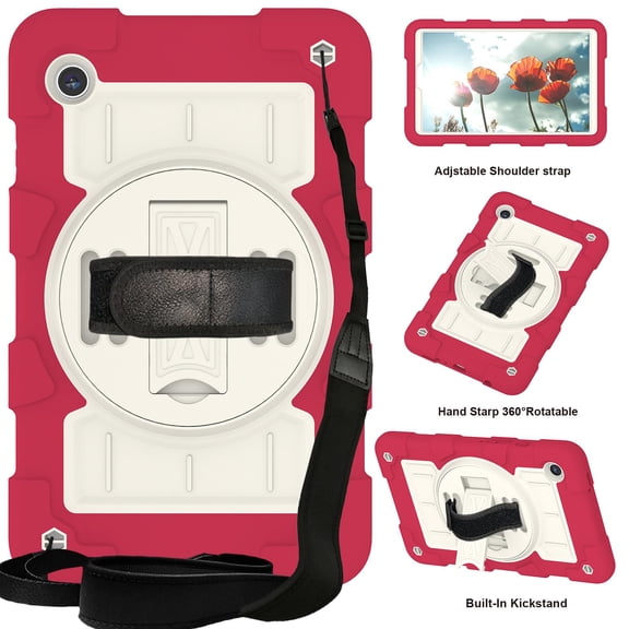 Allytech Shockproof Case for Samsung Galaxy Tab A9 8.7" 2023 SM-X110 X115, Rugged Shoulder Strap Rotating Stand Shoulder Strap Kids Friendly Bumper Heavy Duty Shockproof Case - Red