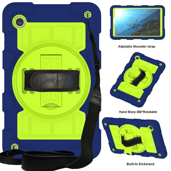 Allytech Shockproof Case for Samsung Galaxy Tab A9 8.7" 2023 SM-X110 X115, Rugged Shoulder Strap Rotating Stand Shoulder Strap Kids Friendly Bumper Heavy Duty Shockproof Case - Darkblue