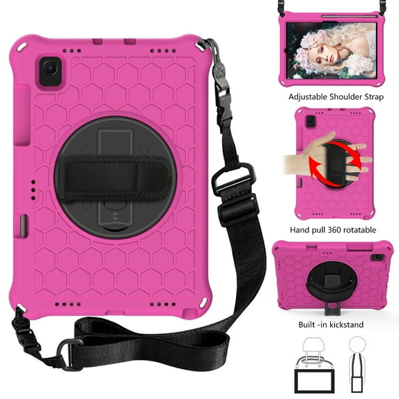 Allytech Shockproof Samsung Galaxy Tab S6 Lite 10.4" 2020 Released SM-P610, Rugged Heavy Duty Protection Adjustable Shoulder Strap Kickstand EVA Rubber Kids Friendly Cover, Rose/Black