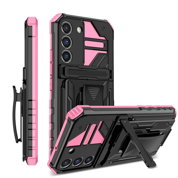 Allytech Shockproof Slim Case For Samsung Galaxy S22,Hybrid TPU and Soft PC with Slide Camera Defender Metal Belt 360° Swivel Clip and Detachable Kickstand Cover.For Samsung Galaxy S22,Pink