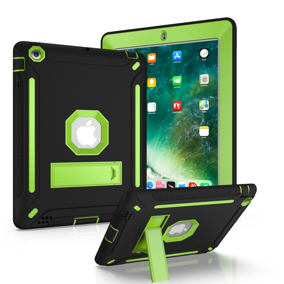 Allytech Silicone Case for iPad 4 / iPad 3/ iPad 2, Three Layers Silicone+PC Heavy Duty Defender Kickstand Feature Shockproof Case Cover for Apple iPad 2nd/3rd/4th Generation, Black+Mint